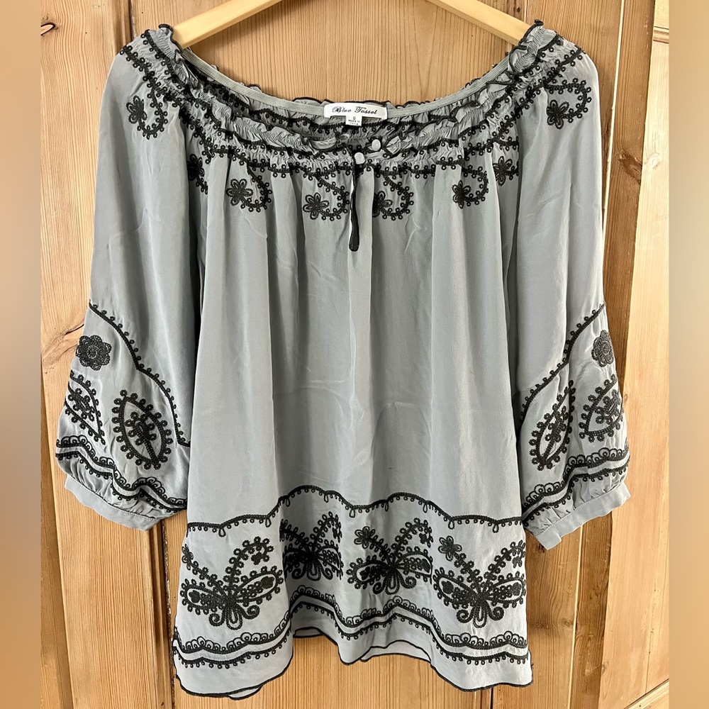 Anthropologie Blue Tassel Tunic Gray Silk Embroidered Small